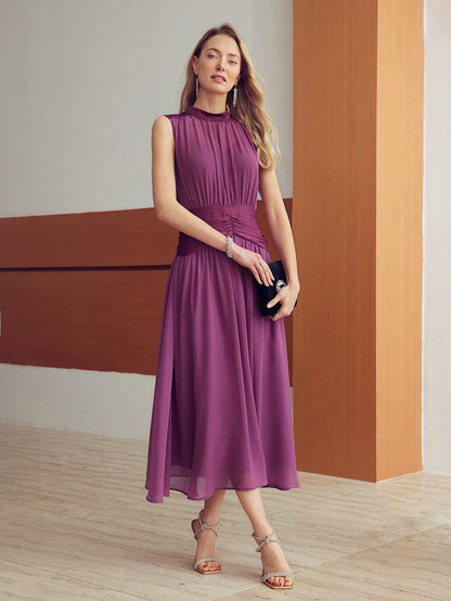 LLstyle Chiffon Solid Ruched Waist Dress