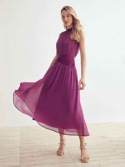 LLstyle Chiffon Solid Ruched Waist Dress