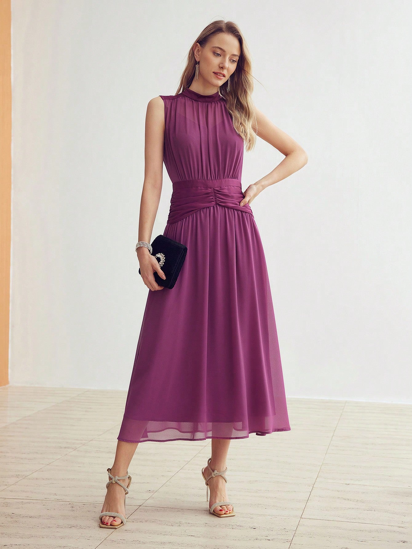 LLstyle Chiffon Solid Ruched Waist Dress