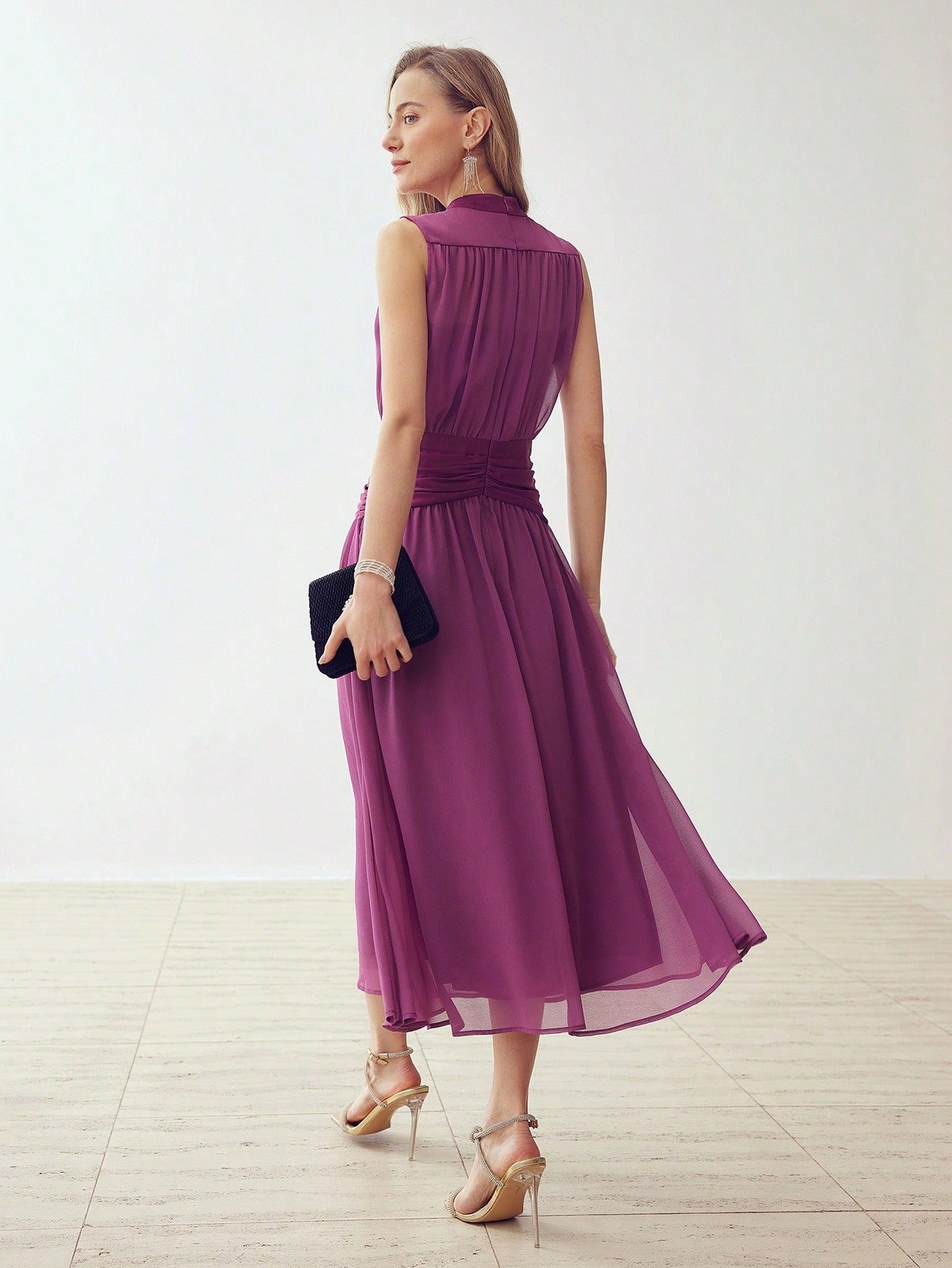 LLstyle Chiffon Solid Ruched Waist Dress