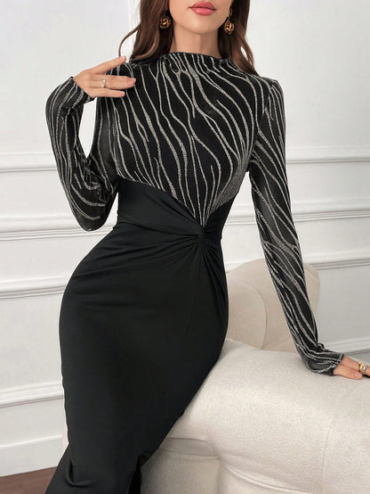 LLstyle Elegant Stand Collar Long-Sleeved Waist-Tight Slit Dress