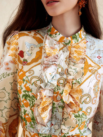 LLstyle Ruffled Button Front Floral Long Sleeve Shirt