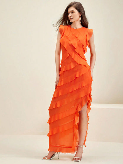 LLstyle Orange Ruffled Hem Elegant Dress