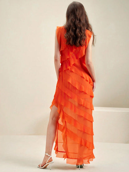 LLstyle Orange Ruffled Hem Elegant Dress