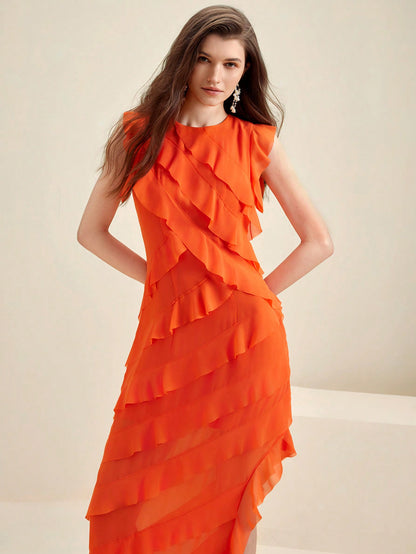 LLstyle Orange Ruffled Hem Elegant Dress