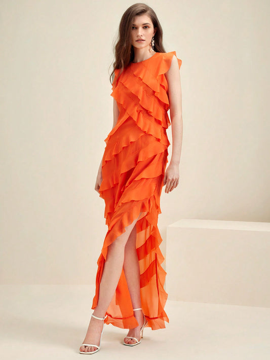 LLstyle Orange Ruffled Hem Elegant Dress