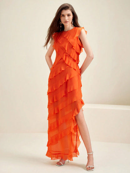 LLstyle Orange Ruffled Hem Elegant Dress