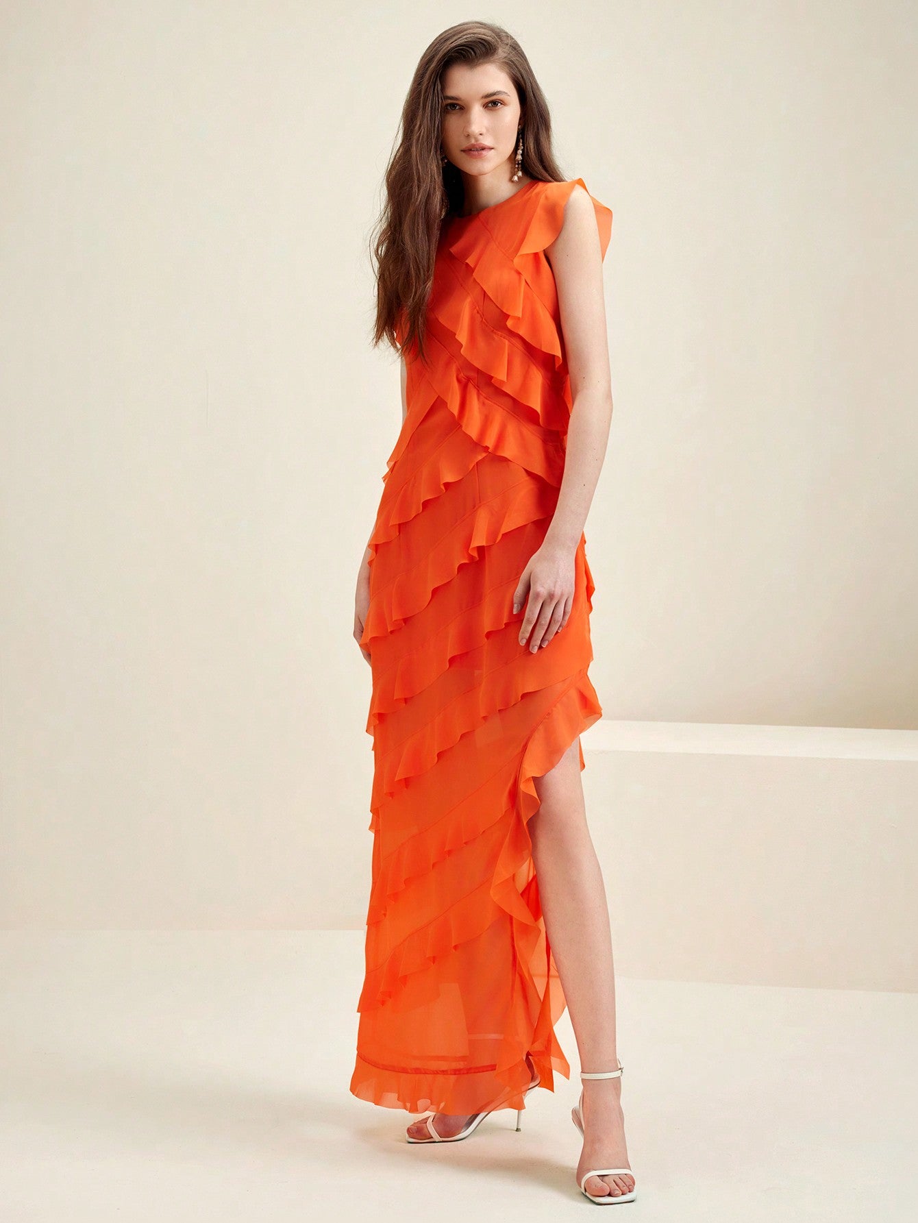 LLstyle Orange Ruffled Hem Elegant Dress