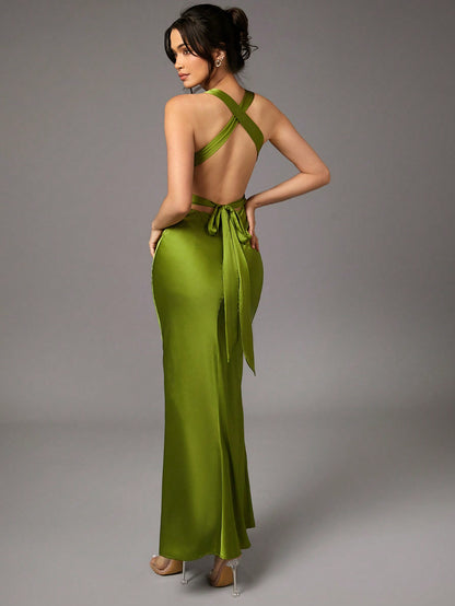 LLstyle Satin Draped Collar Sexy Backless Cross Dress