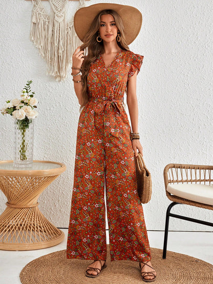 LLstyle Women's Floral Printed Ruffle Wide Leg Jumpsuit