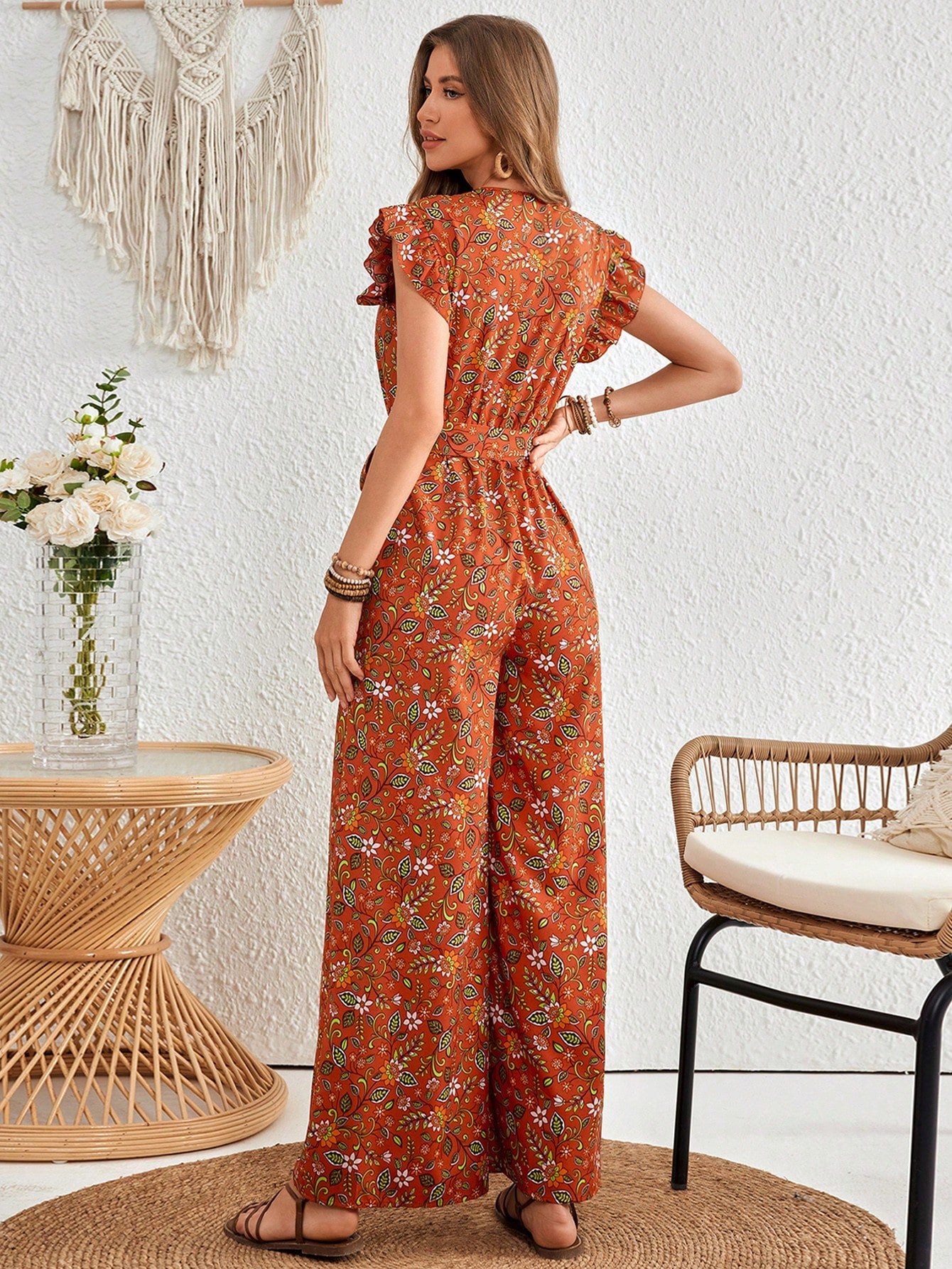 LLstyle Women's Floral Printed Ruffle Wide Leg Jumpsuit