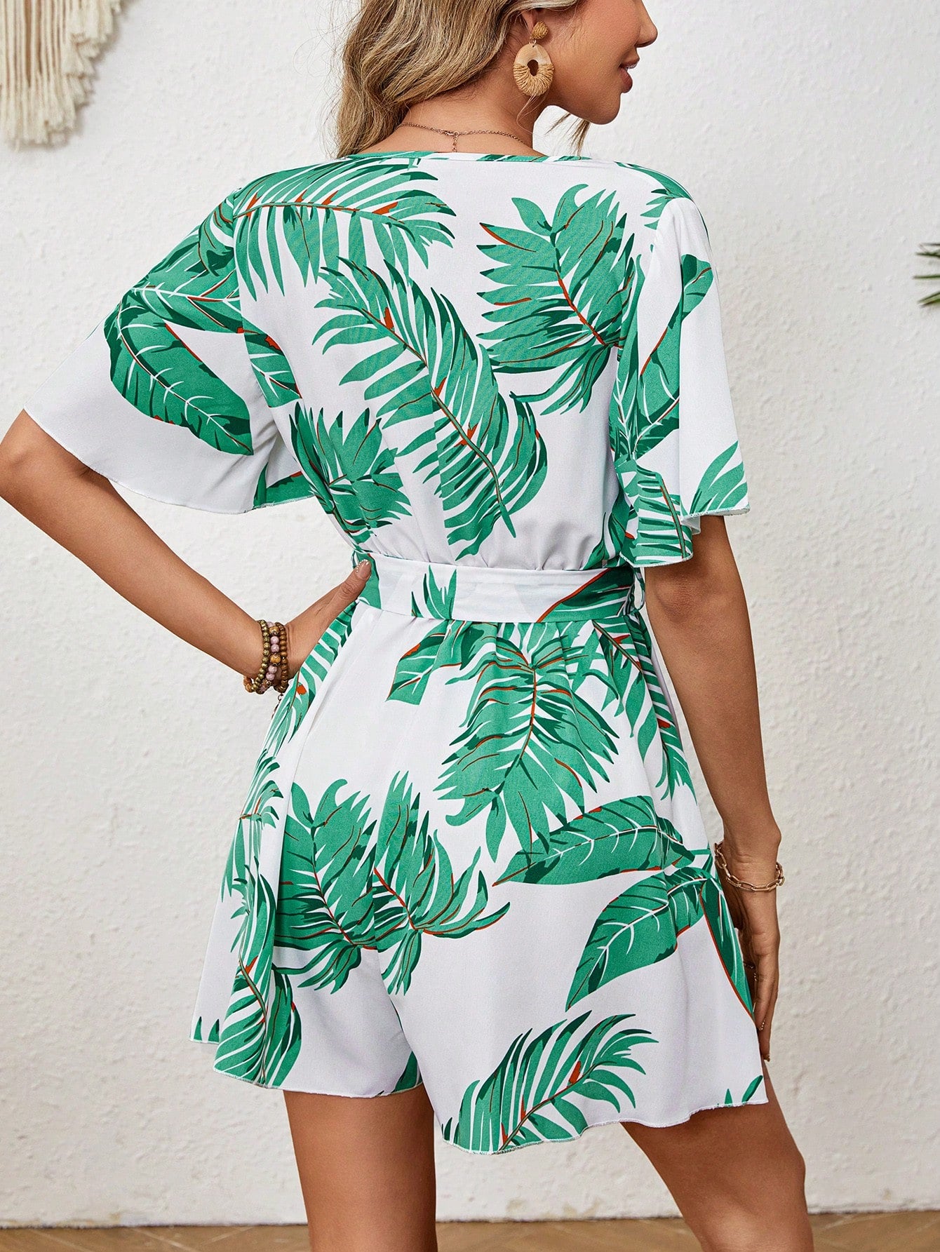 LLstyle Tropical Botanical Print Lace-Up Jumpsuit