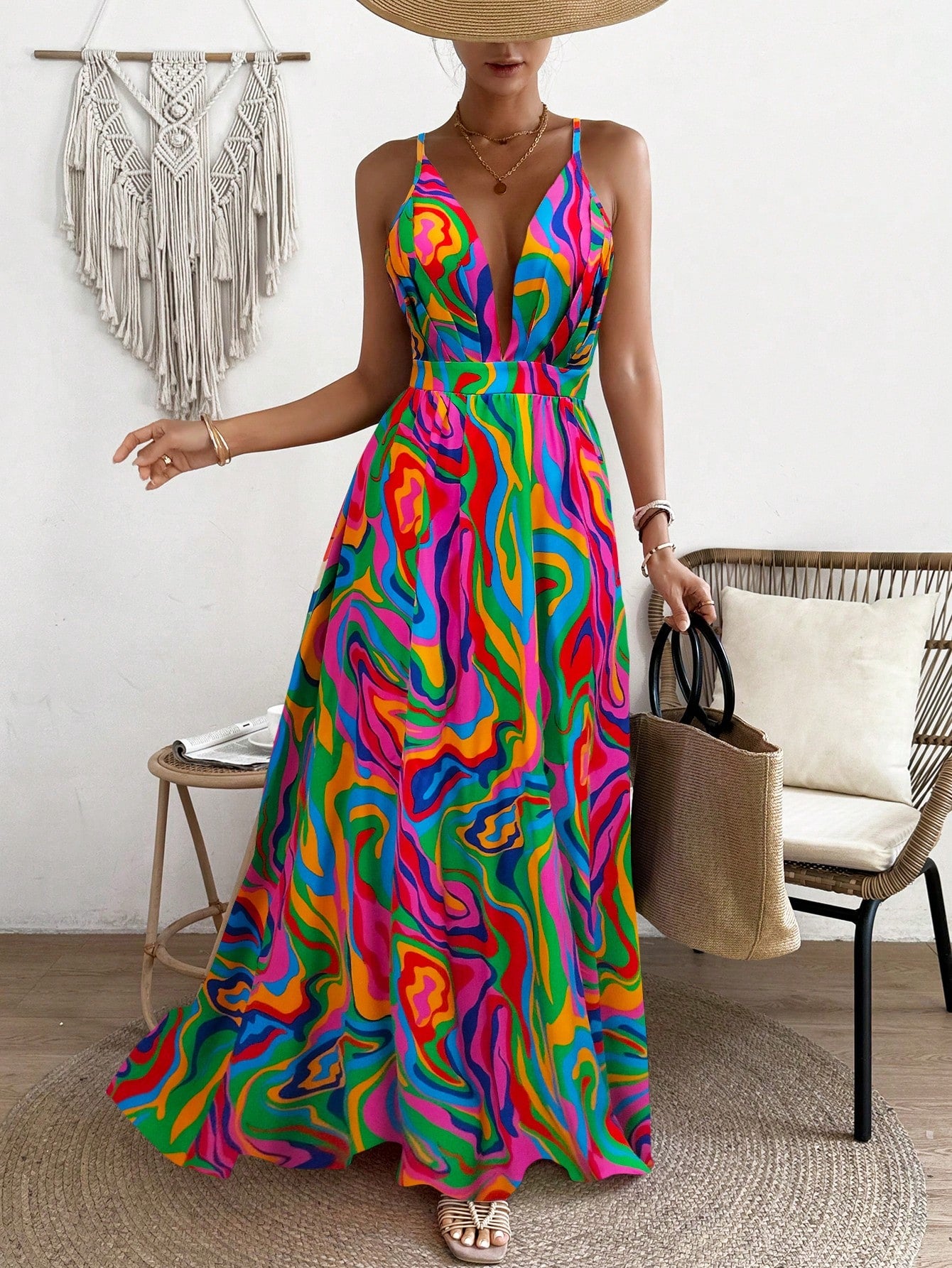 LLstyle  Deep V-Neck Marble Printed Long Slip Dress