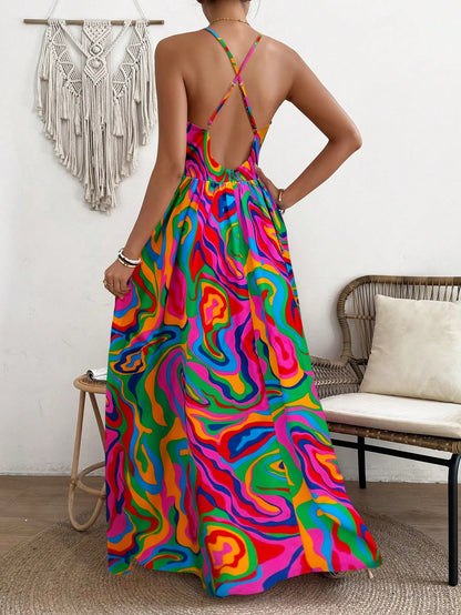 LLstyle  Deep V-Neck Marble Printed Long Slip Dress