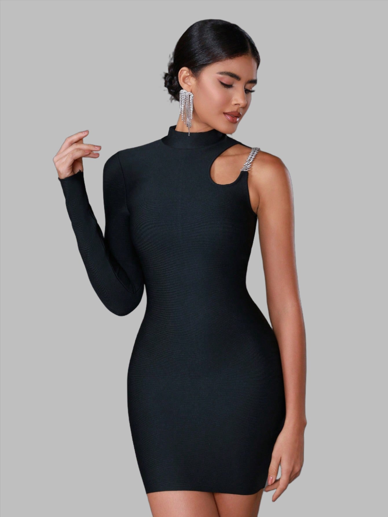 LLstyle One Sleeve Form-Fitting Round Neck Bandage Midi Dress