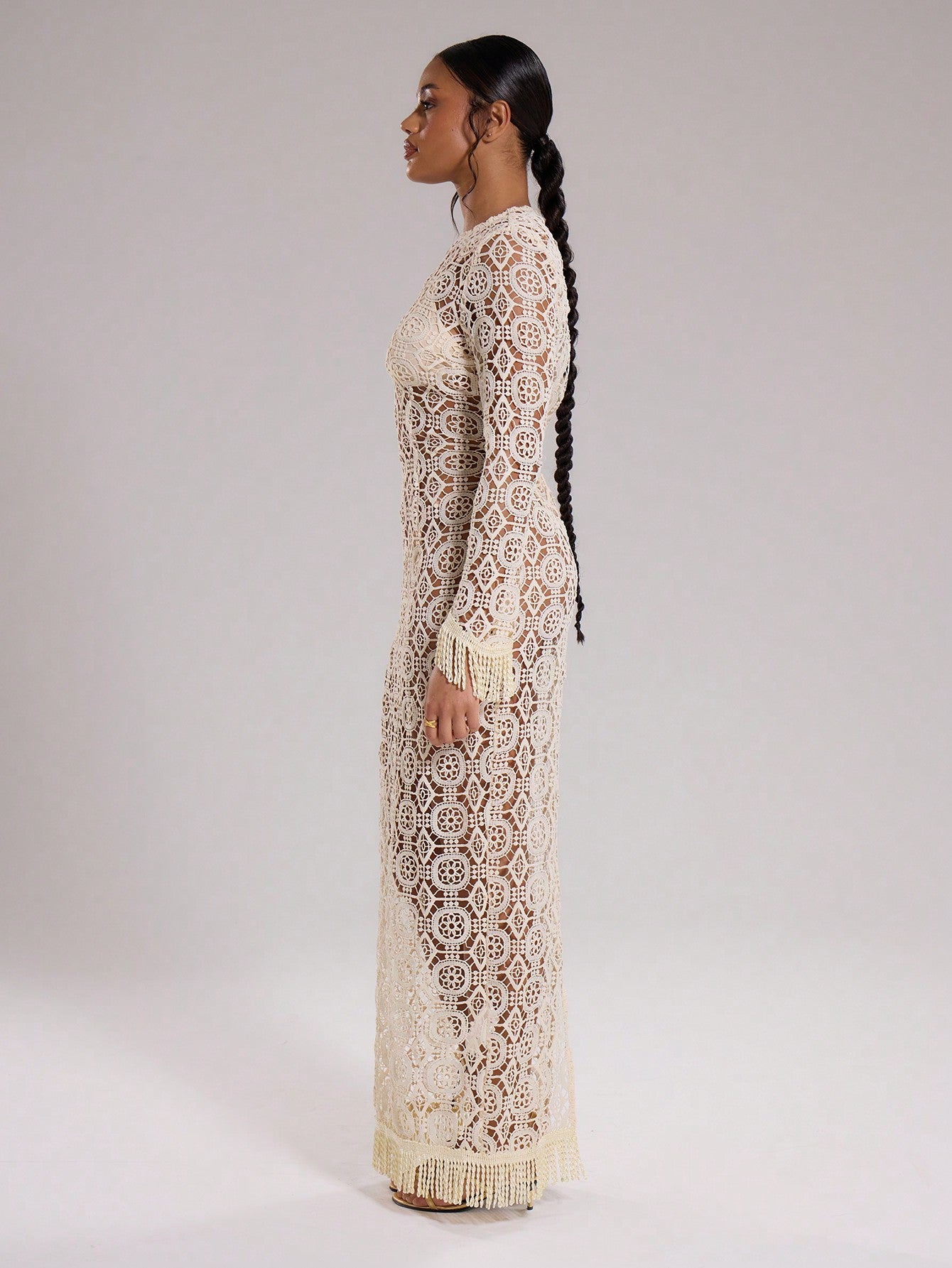 LLstyle Crochet Embroidered Fringe Maxi Dress