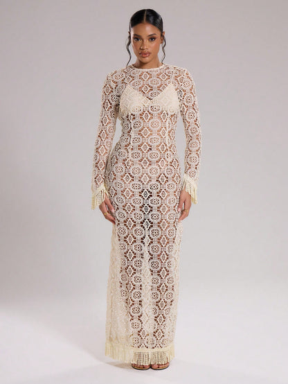 LLstyle Crochet Embroidered Fringe Maxi Dress