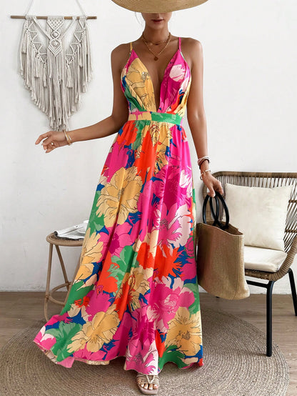 LLstyle  Deep V-Neck Marble Printed Long Slip Dress