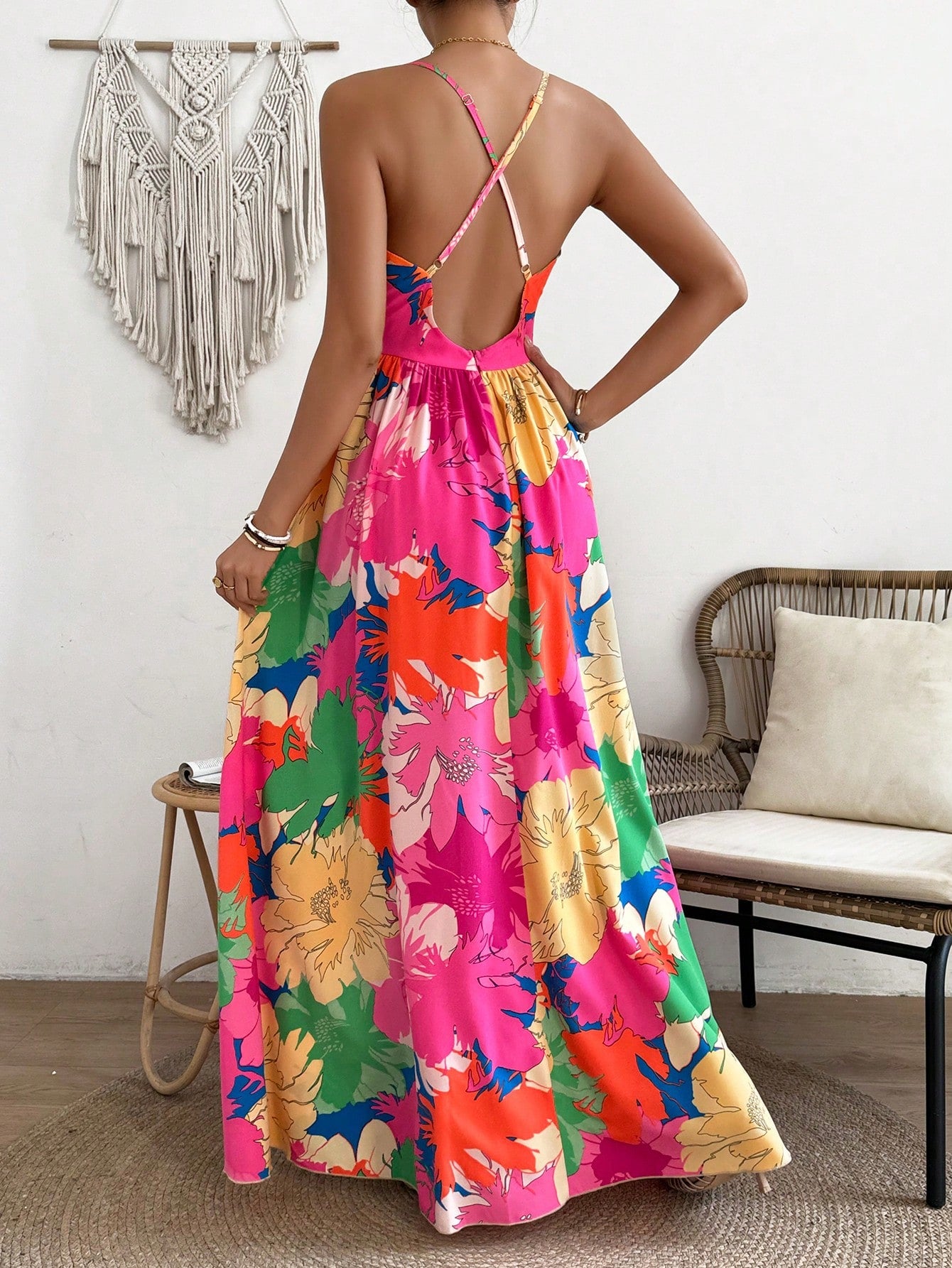 LLstyle  Deep V-Neck Marble Printed Long Slip Dress