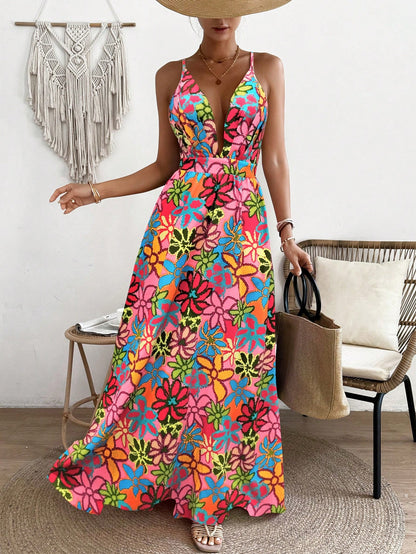 LLstyle  Deep V-Neck Marble Printed Long Slip Dress