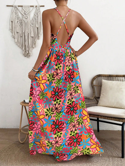 LLstyle  Deep V-Neck Marble Printed Long Slip Dress