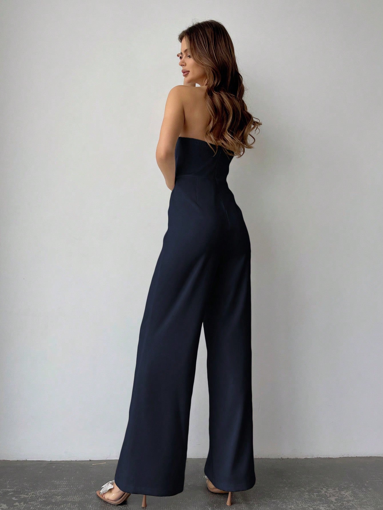 LLstyle Solid Color Plunge Neck Jumpsuit With High Slit Hem