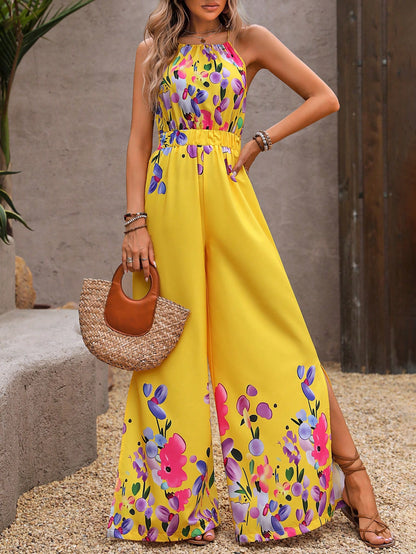 LLstyle Style Floral Print Halter Wide-Leg Loose Jumpsuit