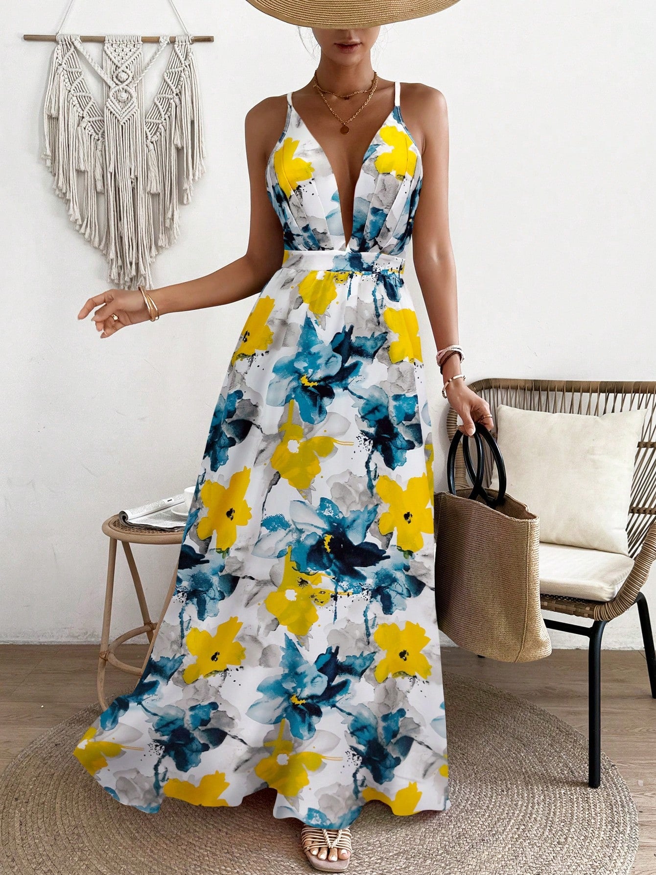 LLstyle  Deep V-Neck Marble Printed Long Slip Dress