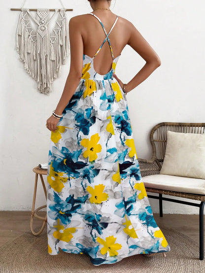 LLstyle  Deep V-Neck Marble Printed Long Slip Dress