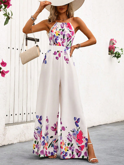 LLstyle Style Floral Print Halter Wide-Leg Loose Jumpsuit