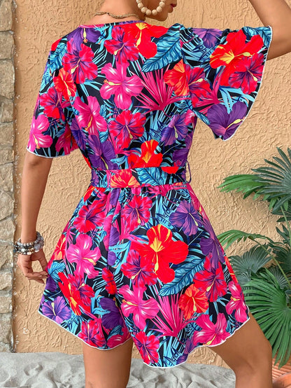 LLstyle Tropical Botanical Print Lace-Up Jumpsuit