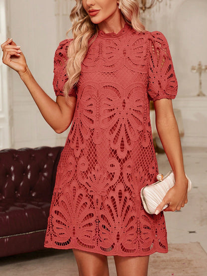 LLstyle Lace Mini Stand Collar Bubble Sleeve Dress