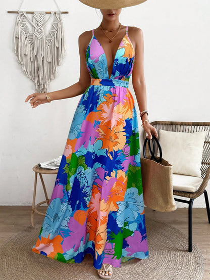 LLstyle  Deep V-Neck Marble Printed Long Slip Dress