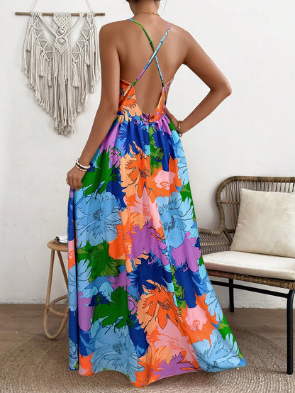 LLstyle  Deep V-Neck Marble Printed Long Slip Dress