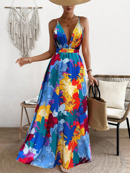 LLstyle  Deep V-Neck Marble Printed Long Slip Dress