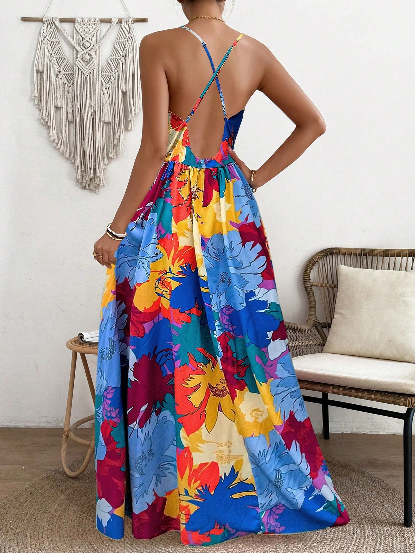 LLstyle  Deep V-Neck Marble Printed Long Slip Dress