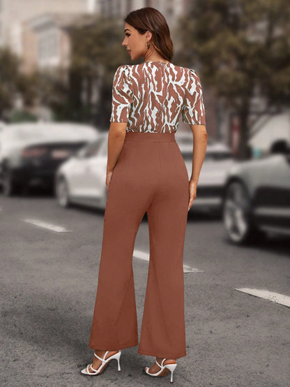 LLstyle Women Printed And Solid Color Spliced Jumpsuit