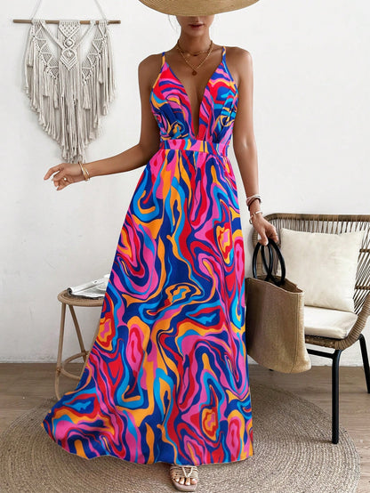 LLstyle  Deep V-Neck Marble Printed Long Slip Dress