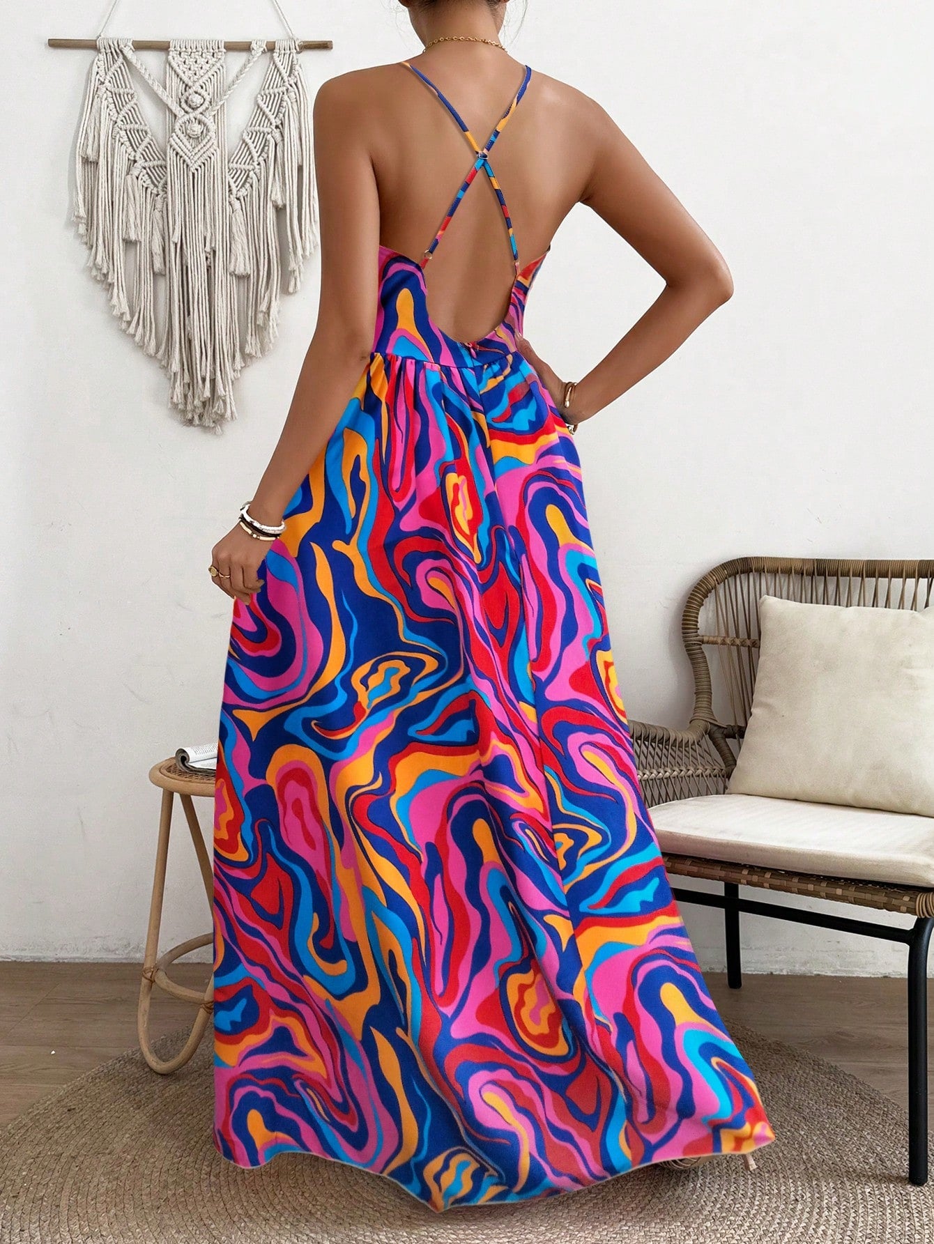 LLstyle  Deep V-Neck Marble Printed Long Slip Dress