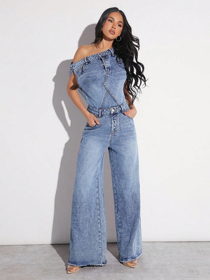 LLstyle Denim Jumpsuit With Oversize One Shoulder