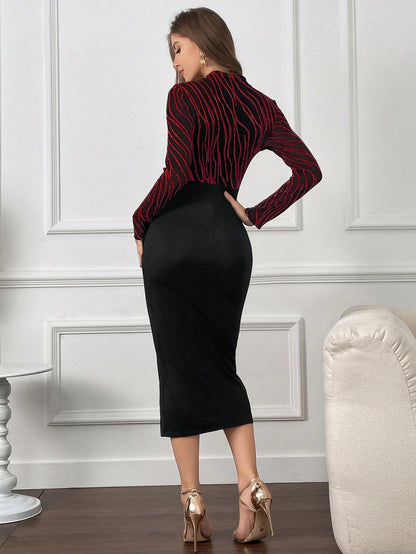 LLstyle Elegant Stand Collar Long-Sleeved Waist-Tight Slit Dress