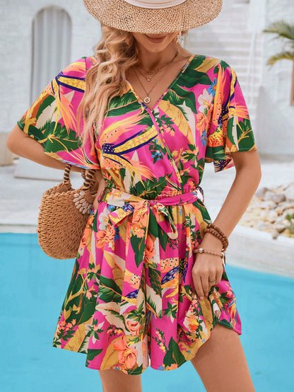 LLstyle Tropical Botanical Print Lace-Up Jumpsuit