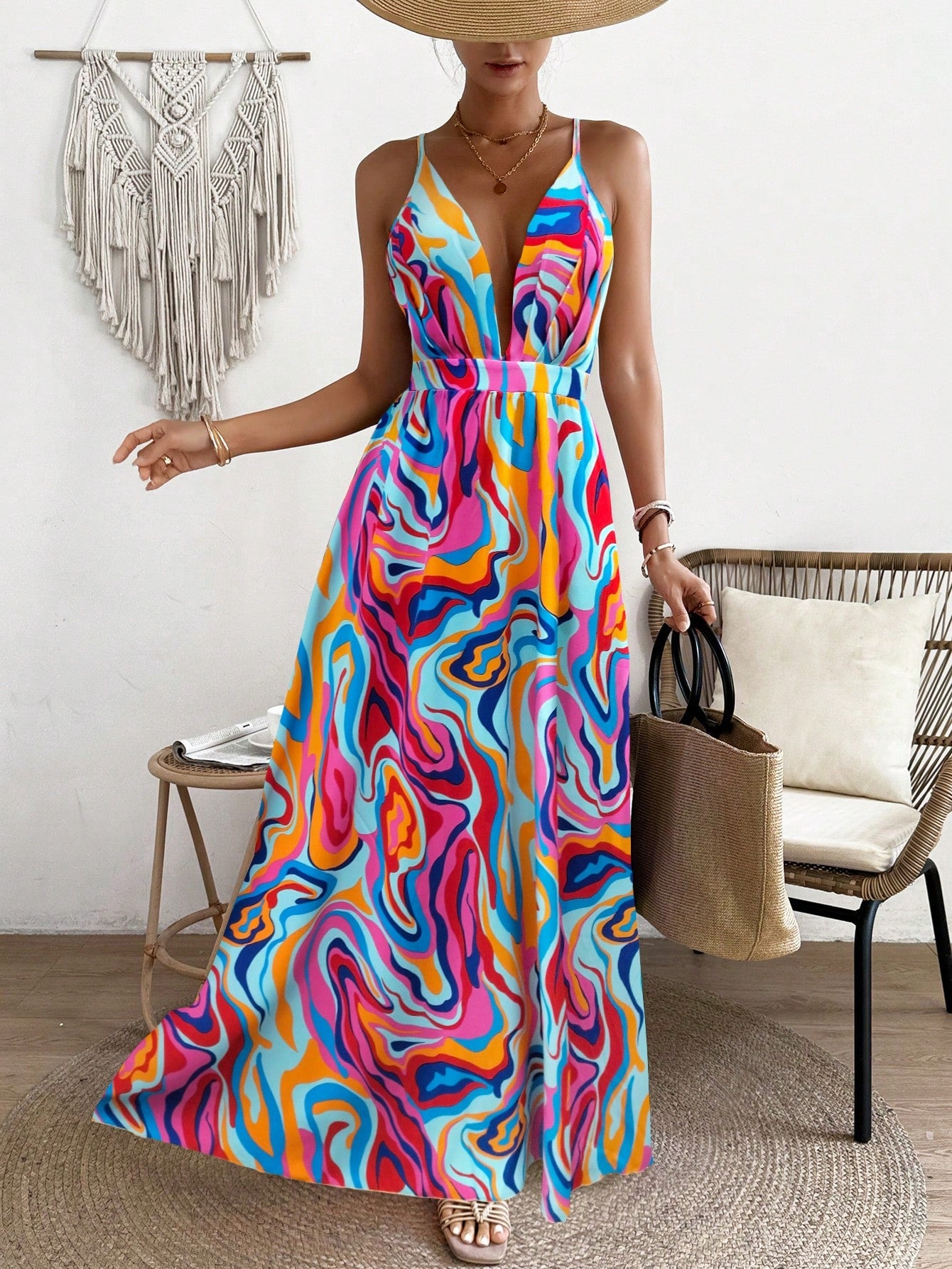 LLstyle  Deep V-Neck Marble Printed Long Slip Dress