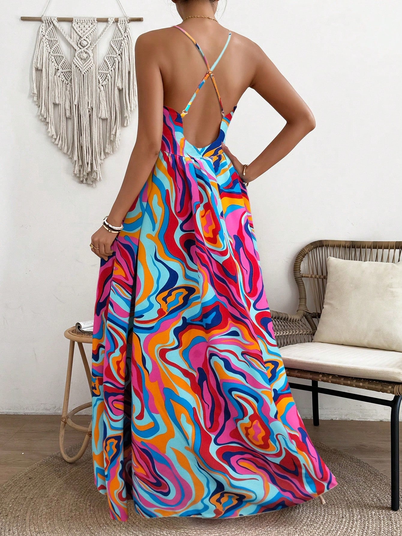 LLstyle  Deep V-Neck Marble Printed Long Slip Dress