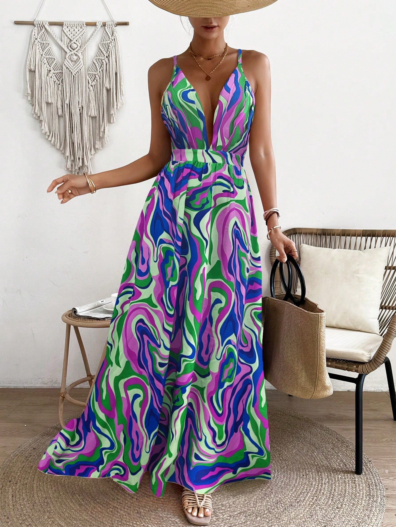 LLstyle  Deep V-Neck Marble Printed Long Slip Dress