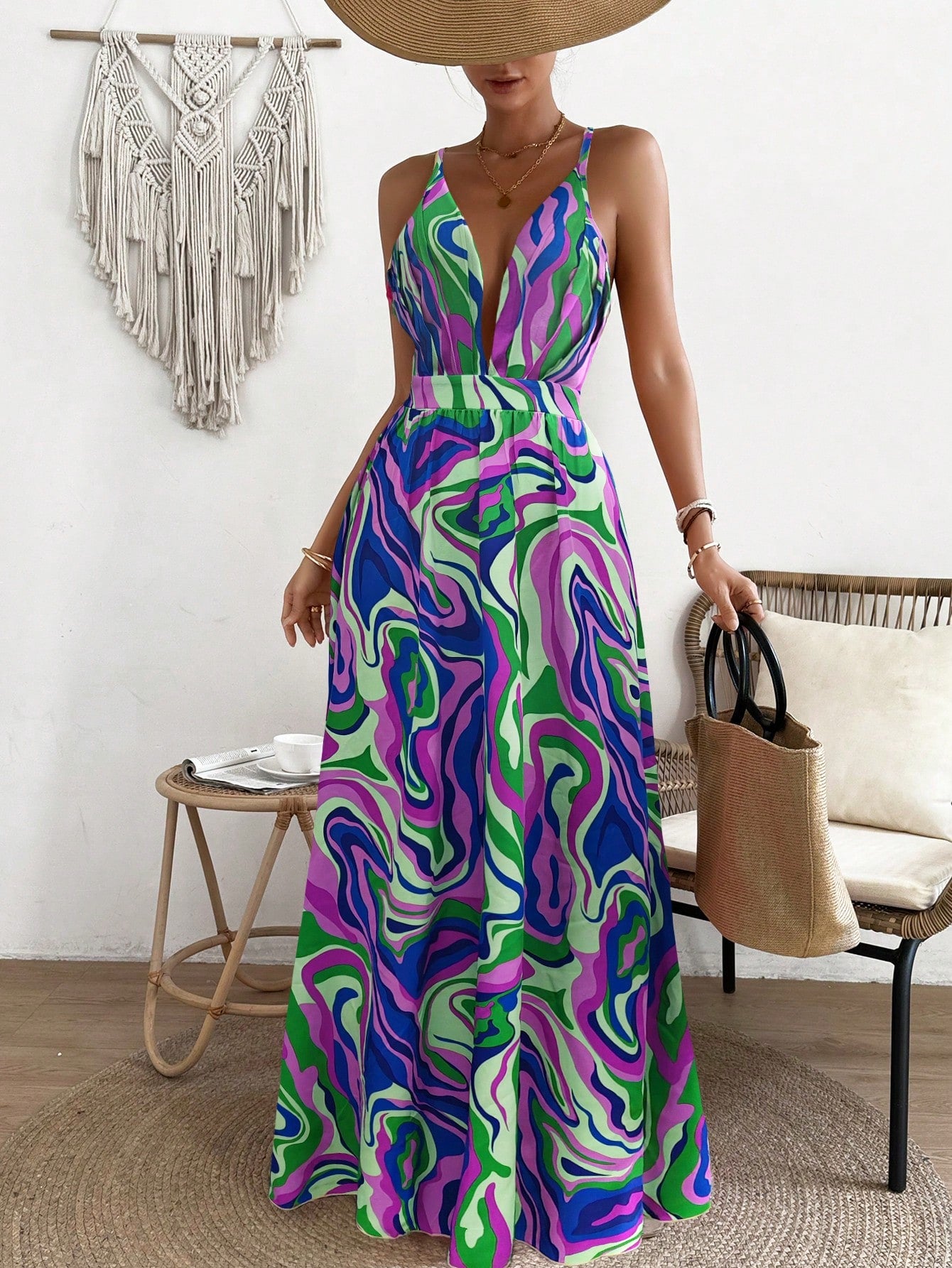 LLstyle  Deep V-Neck Marble Printed Long Slip Dress