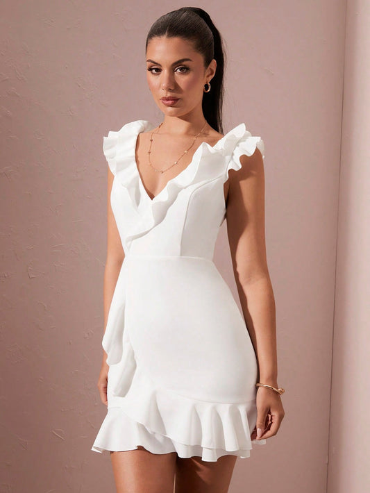 LLstyle White Sleeveless Ruffled Deep V-Neck Dress