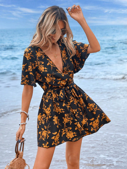 LLstyle Tropical Botanical Print Lace-Up Jumpsuit