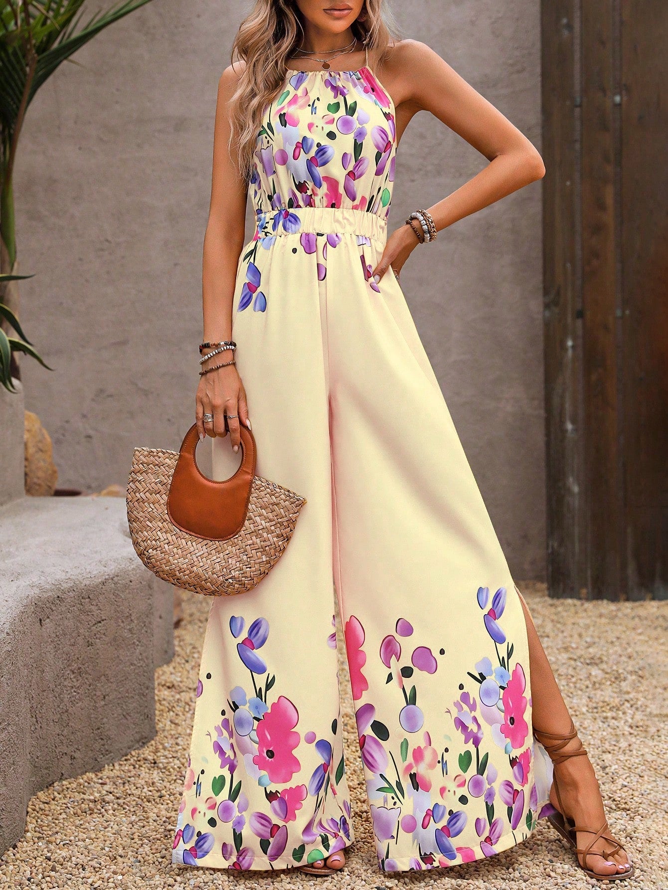 LLstyle Style Floral Print Halter Wide-Leg Loose Jumpsuit