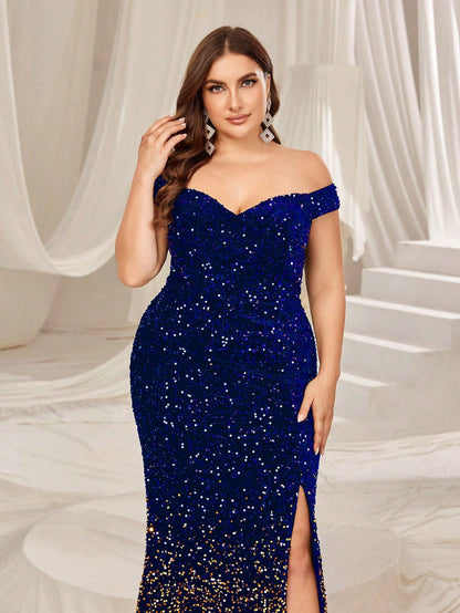 LLstyle Off Shoulder Split Thigh Sequin Formal Dress